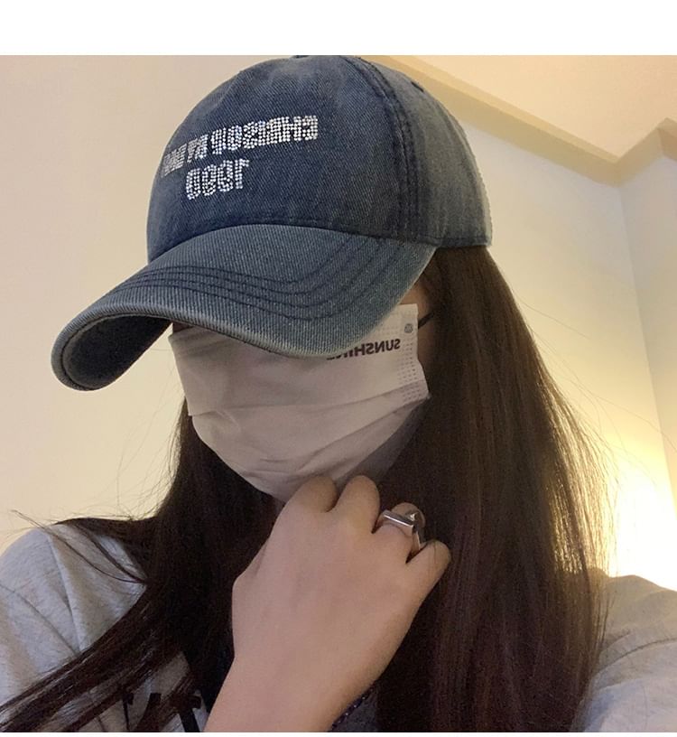 Rhinestone Baseball Lettering Cap Washed Denim