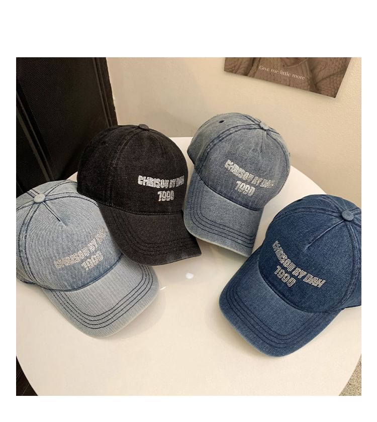 Rhinestone Baseball Lettering Cap Washed Denim