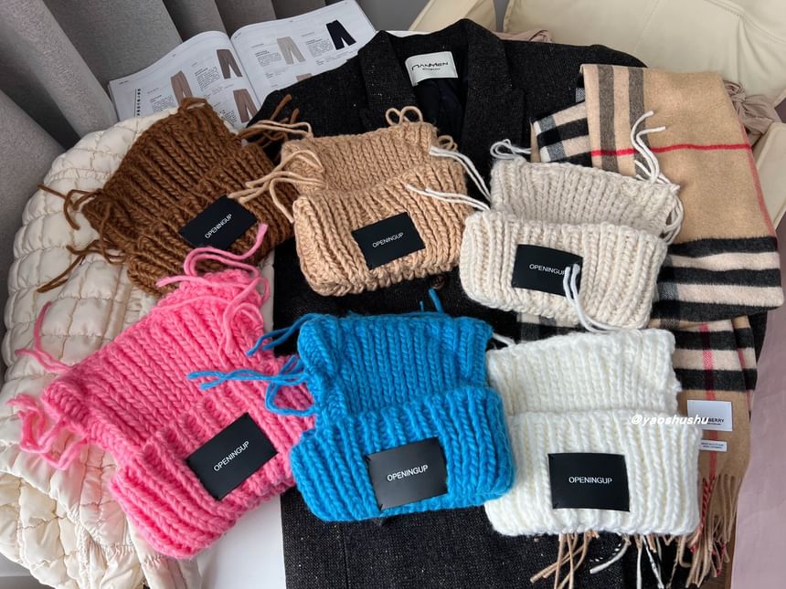 Applique Lettering Cat Ear Beanie Knit