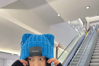 Applique Lettering Cat Ear Beanie Knit