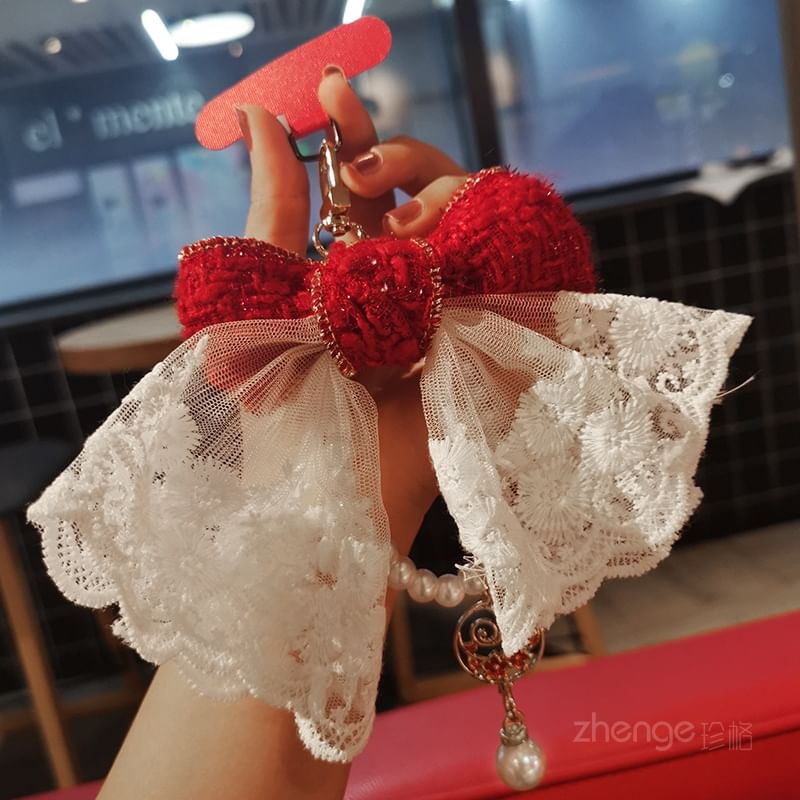 Lace Bow Faux Pearl Wrist Phone Strap with Lanyard Pad