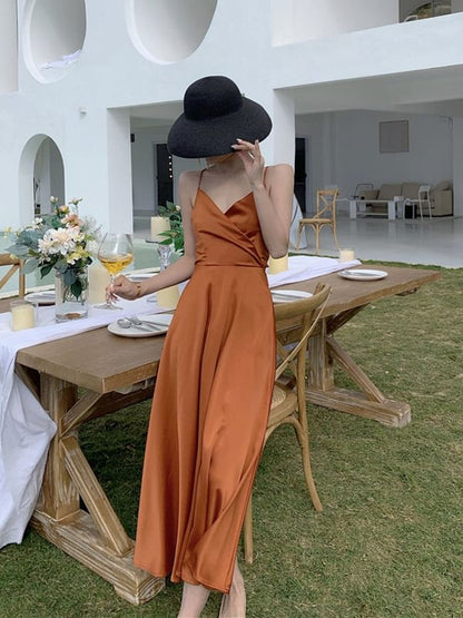 Strap A-Line Spaghetti V-Neck Maxi Plain Dress