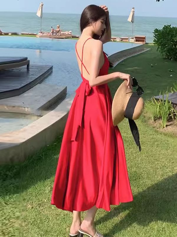 Strap A-Line Spaghetti V-Neck Maxi Plain Dress
