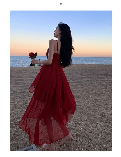 Asymmetrical Strap Sheer Dress Spaghetti A-Line