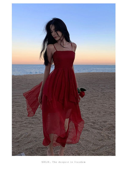 Asymmetrical Strap Sheer Dress Spaghetti A-Line