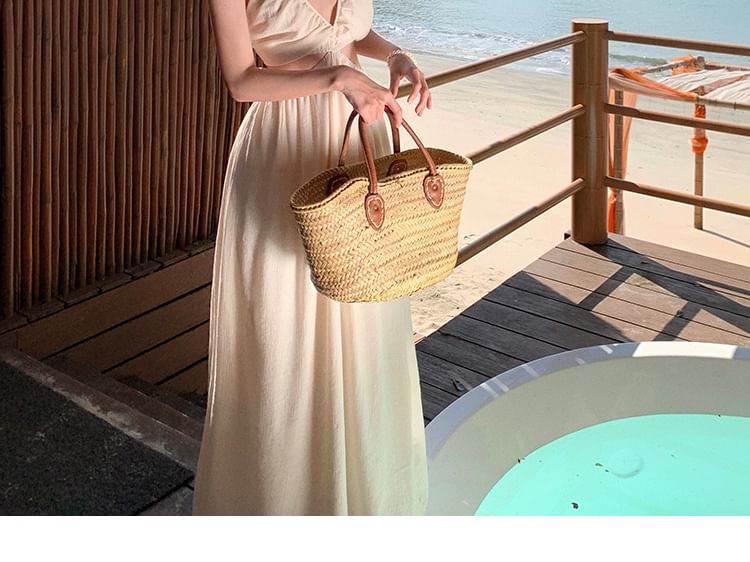 Plain A-Line Cutout Dress V-Neck Maxi Spaghetti Strap