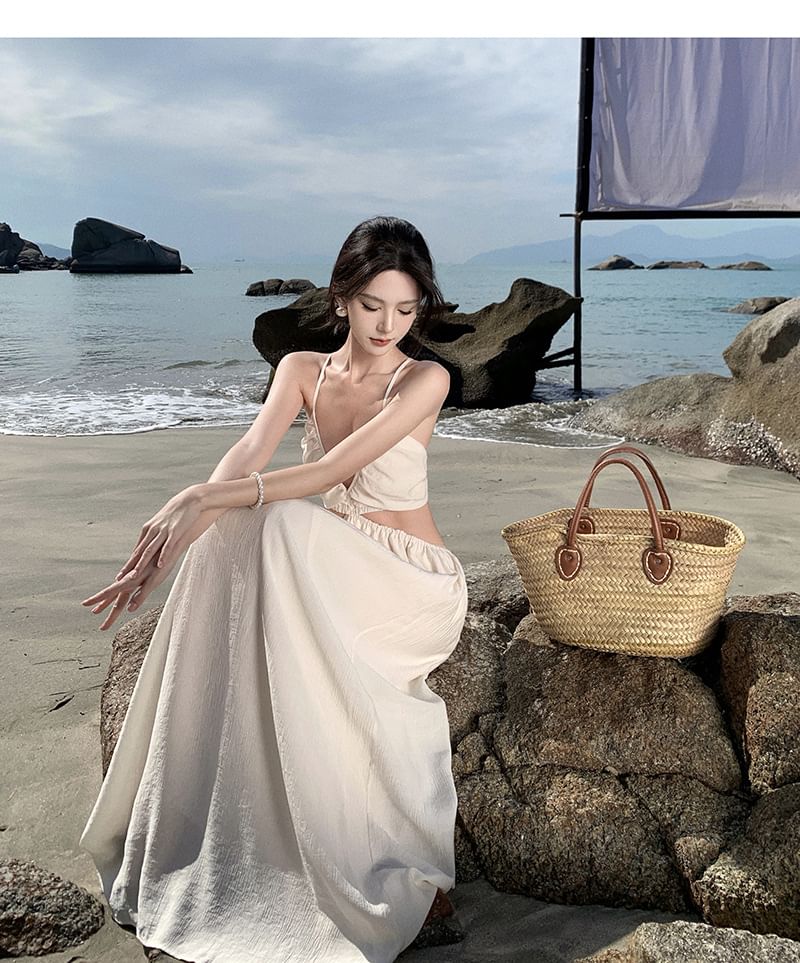 Plain A-Line Cutout Dress V-Neck Maxi Spaghetti Strap