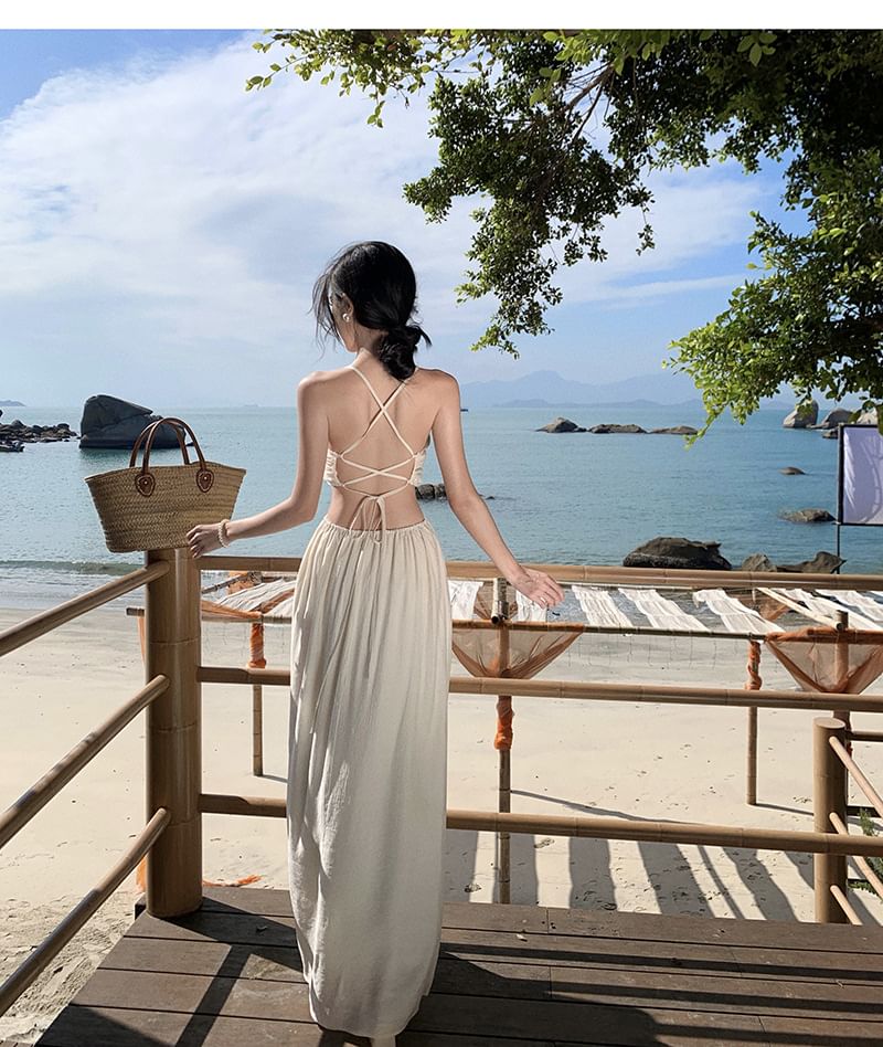 Plain A-Line Cutout Dress V-Neck Maxi Spaghetti Strap