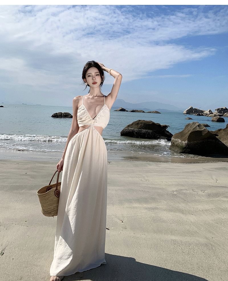 Plain A-Line Cutout Dress V-Neck Maxi Spaghetti Strap