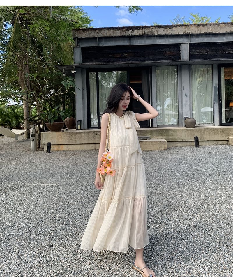 Crewneck Dress Sleeveless Midi A-Line Plain