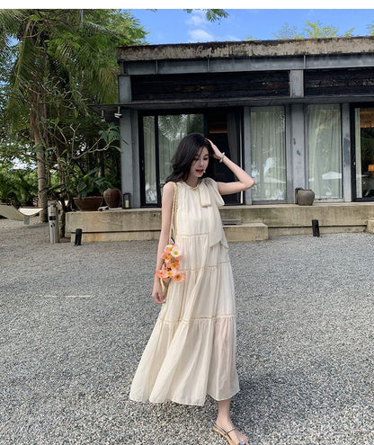 Crewneck Dress Sleeveless Midi A-Line Plain