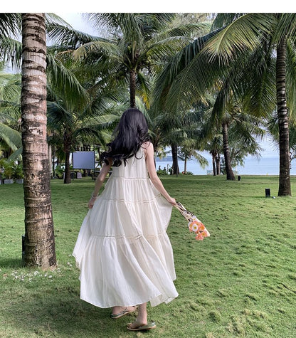 Crewneck Dress Sleeveless Midi A-Line Plain