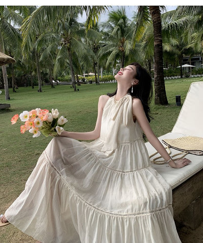 Crewneck Dress Sleeveless Midi A-Line Plain