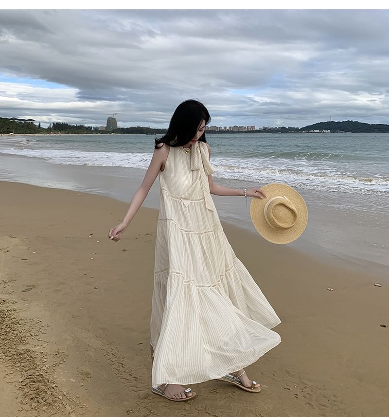 Crewneck Dress Sleeveless Midi A-Line Plain