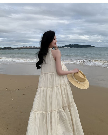 Crewneck Dress Sleeveless Midi A-Line Plain