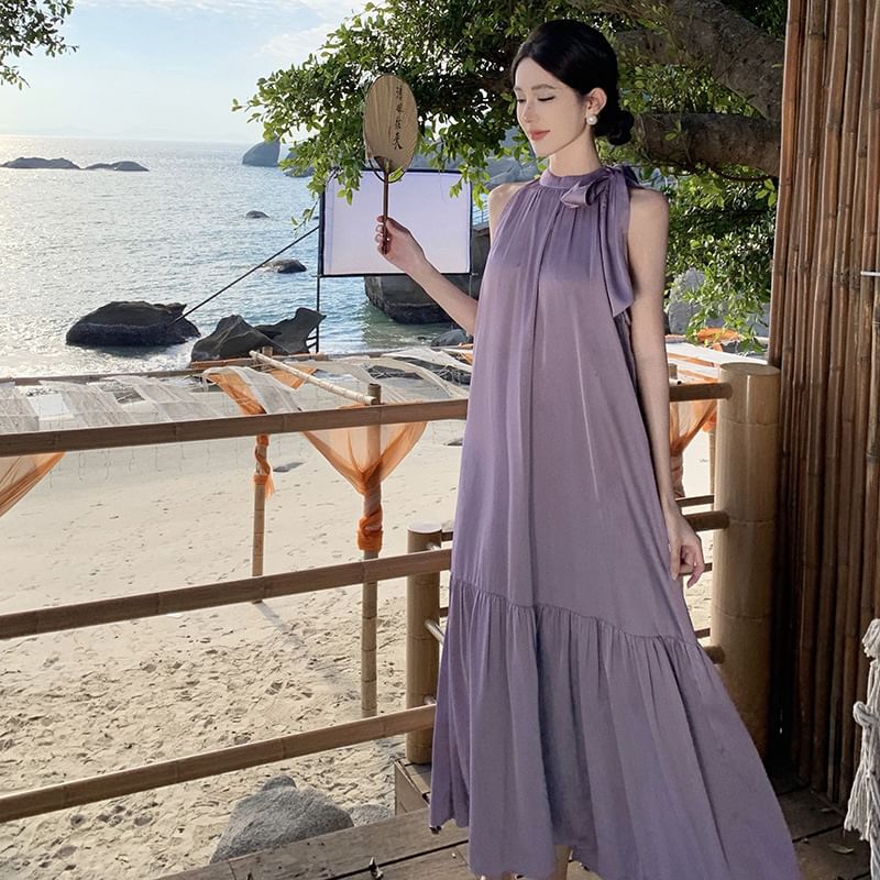 A-Line Maxi Dress Plain Sleeveless Crewneck