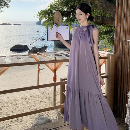 A-Line Maxi Dress Plain Sleeveless Crewneck