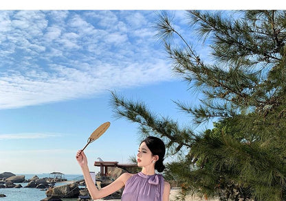 A-Line Maxi Dress Plain Sleeveless Crewneck