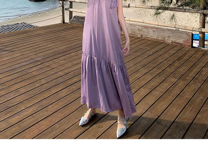 A-Line Maxi Dress Plain Sleeveless Crewneck