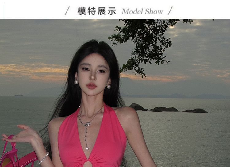 Bodycon Plain Cutout Neck Midi Dress Halter