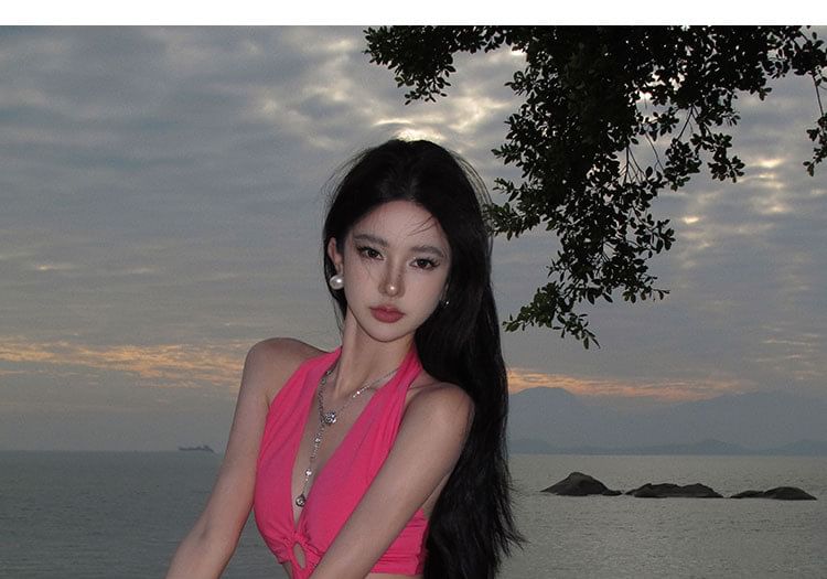 Bodycon Plain Cutout Neck Midi Dress Halter