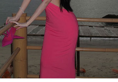 Bodycon Plain Cutout Neck Midi Dress Halter