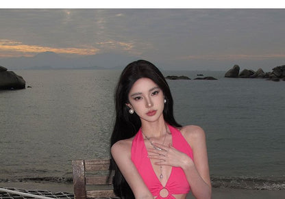 Bodycon Plain Cutout Neck Midi Dress Halter