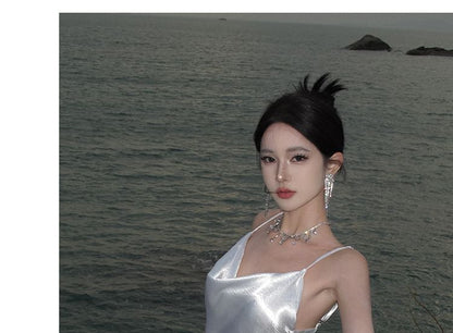 Back Strap Maxi Dress Spaghetti Sheath Plain Open