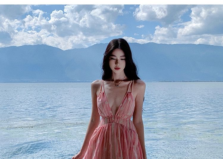 V-Neck Spaghetti Print Floral Dress Maxi A-Line Strap