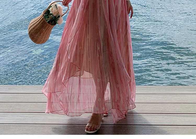 V-Neck Spaghetti Print Floral Dress Maxi A-Line Strap