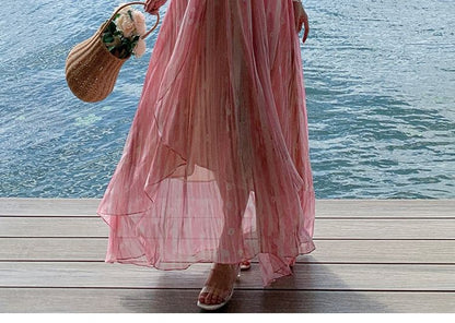 V-Neck Spaghetti Print Floral Dress Maxi A-Line Strap