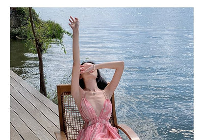 V-Neck Spaghetti Print Floral Dress Maxi A-Line Strap