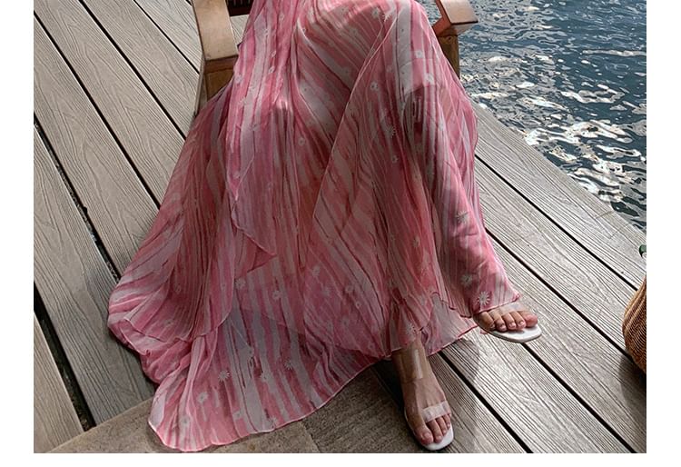 V-Neck Spaghetti Print Floral Dress Maxi A-Line Strap