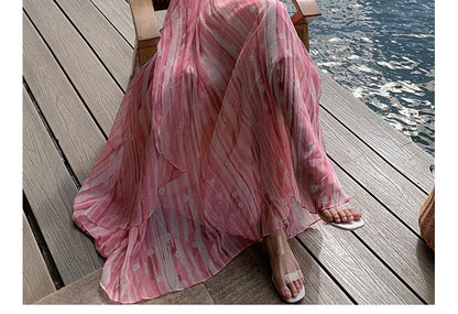 V-Neck Spaghetti Print Floral Dress Maxi A-Line Strap