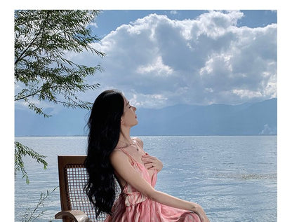 V-Neck Spaghetti Print Floral Dress Maxi A-Line Strap