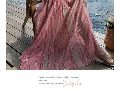 V-Neck Spaghetti Print Floral Dress Maxi A-Line Strap