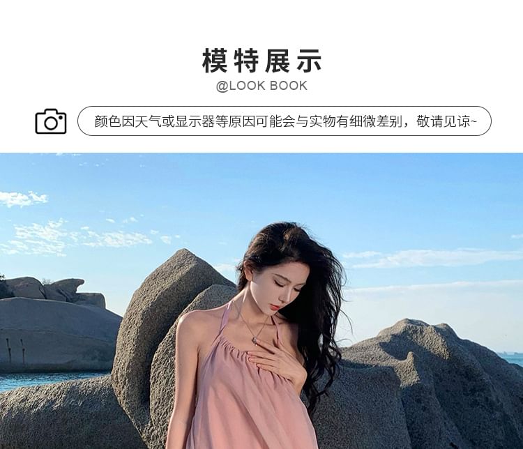 Halter Dress Midi A-Line Open Plain Back Neck