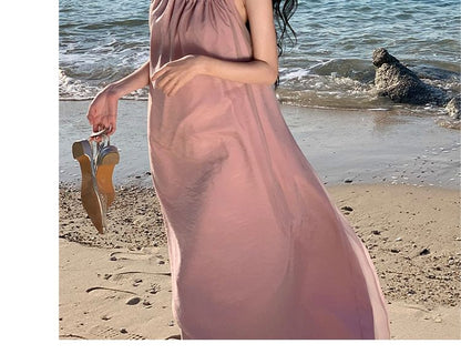 Halter Dress Midi A-Line Open Plain Back Neck