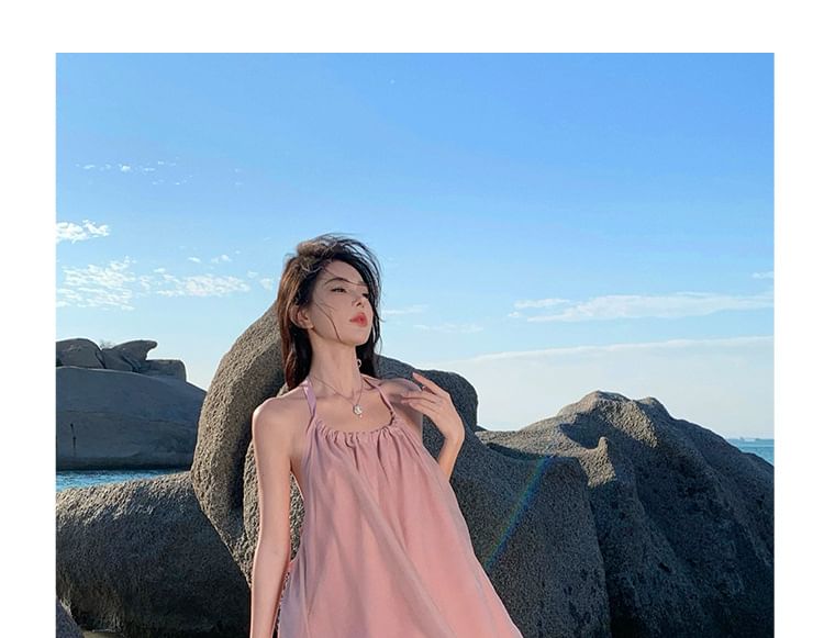 Halter Dress Midi A-Line Open Plain Back Neck