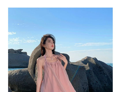 Halter Dress Midi A-Line Open Plain Back Neck