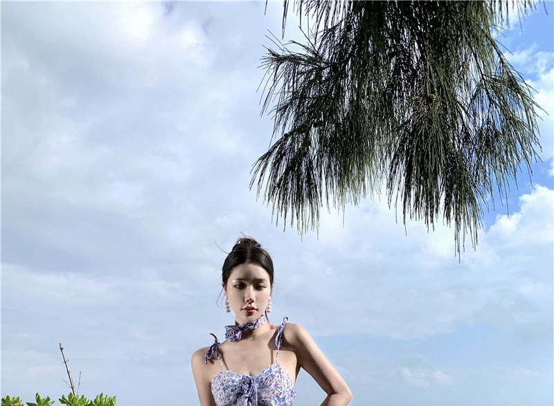 A-Line Midi Dress Floral Print Strap Spaghetti