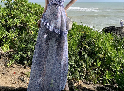 A-Line Midi Dress Floral Print Strap Spaghetti