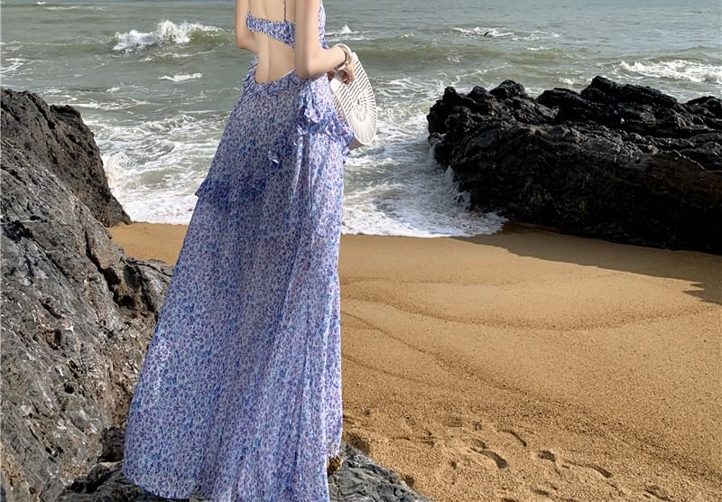 A-Line Midi Dress Floral Print Strap Spaghetti