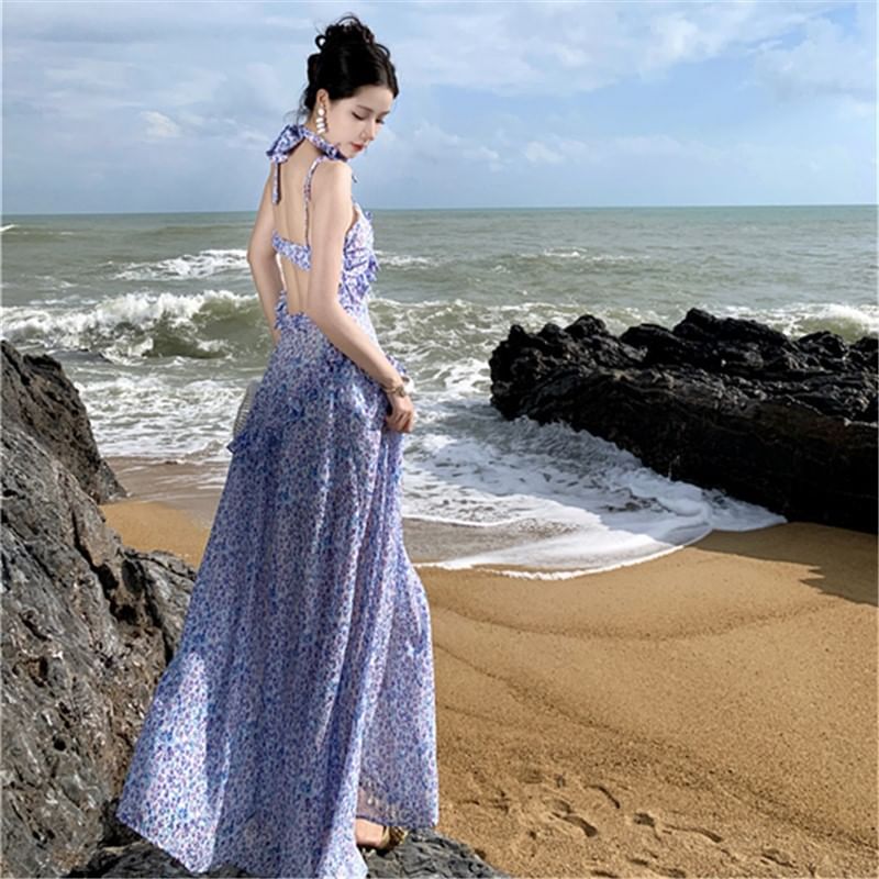 A-Line Midi Dress Floral Print Strap Spaghetti