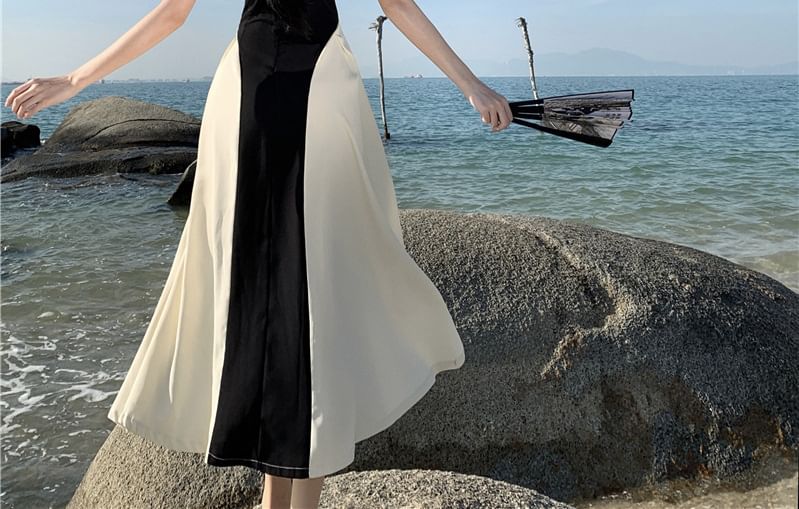 Maxi Dress A-Line Two Sleeveless Tone Crewneck