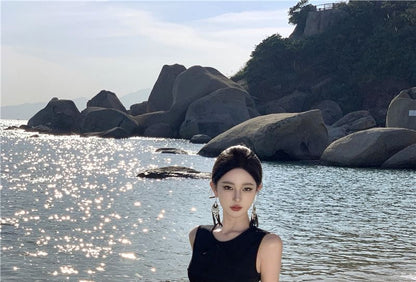 Maxi Dress A-Line Two Sleeveless Tone Crewneck