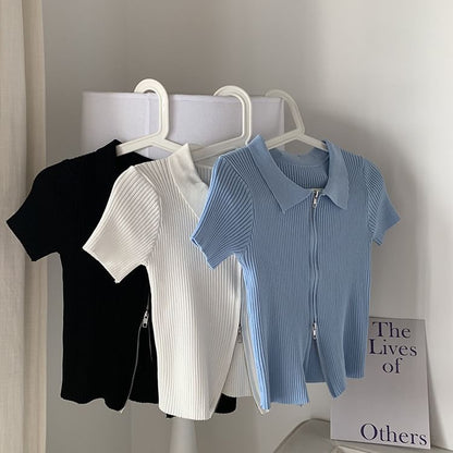 Knit Plain Short-Sleeve Zip Top Polo