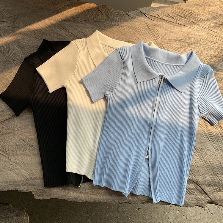 Knit Plain Short-Sleeve Zip Top Polo