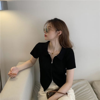 Knit Plain Short-Sleeve Zip Top Polo