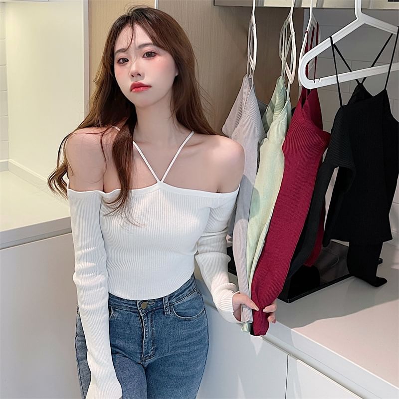 Knit Plain Top Long-Sleeve Cold-Shoulder